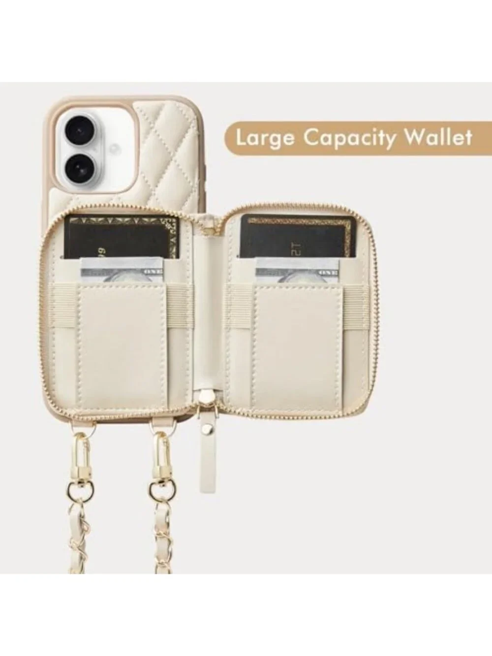 Stylish iPhone 17 Wallet Case with Card Holder & Wrist Strap - Beige Crossbody